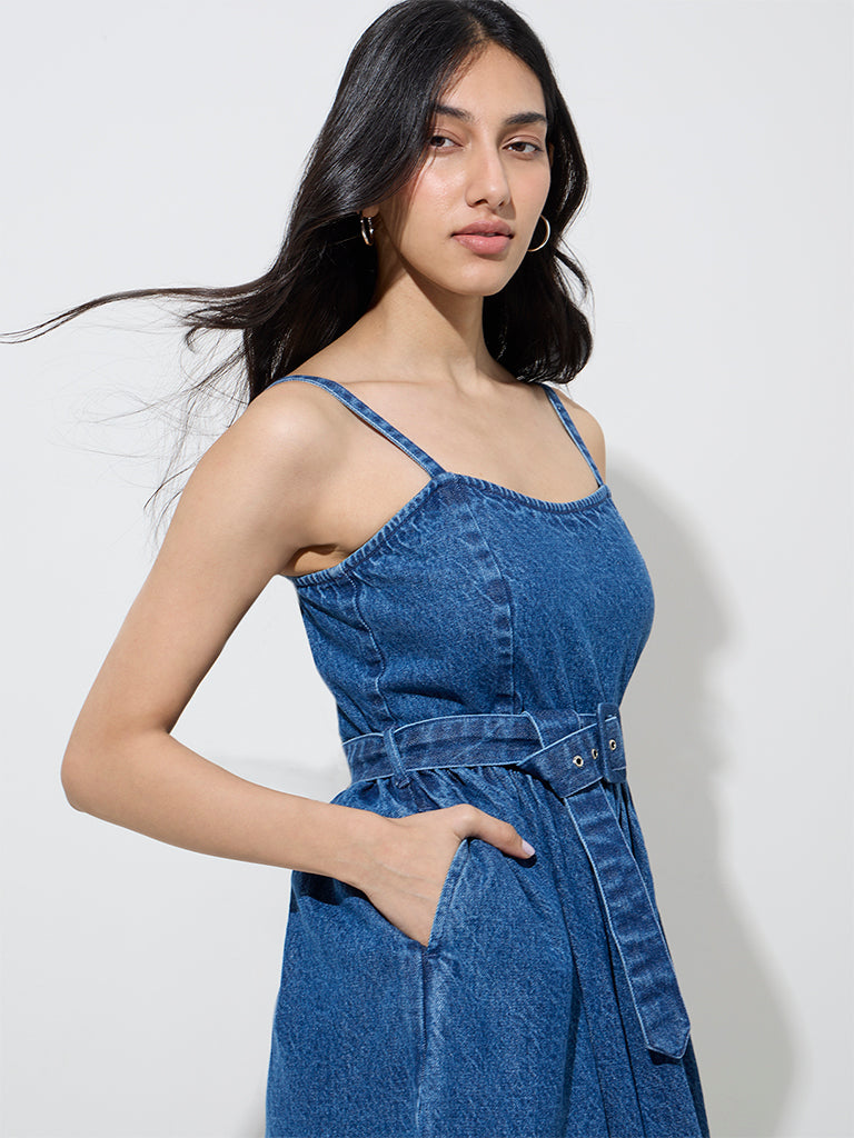 LOV Blue Denim A-Line Dress with Belt