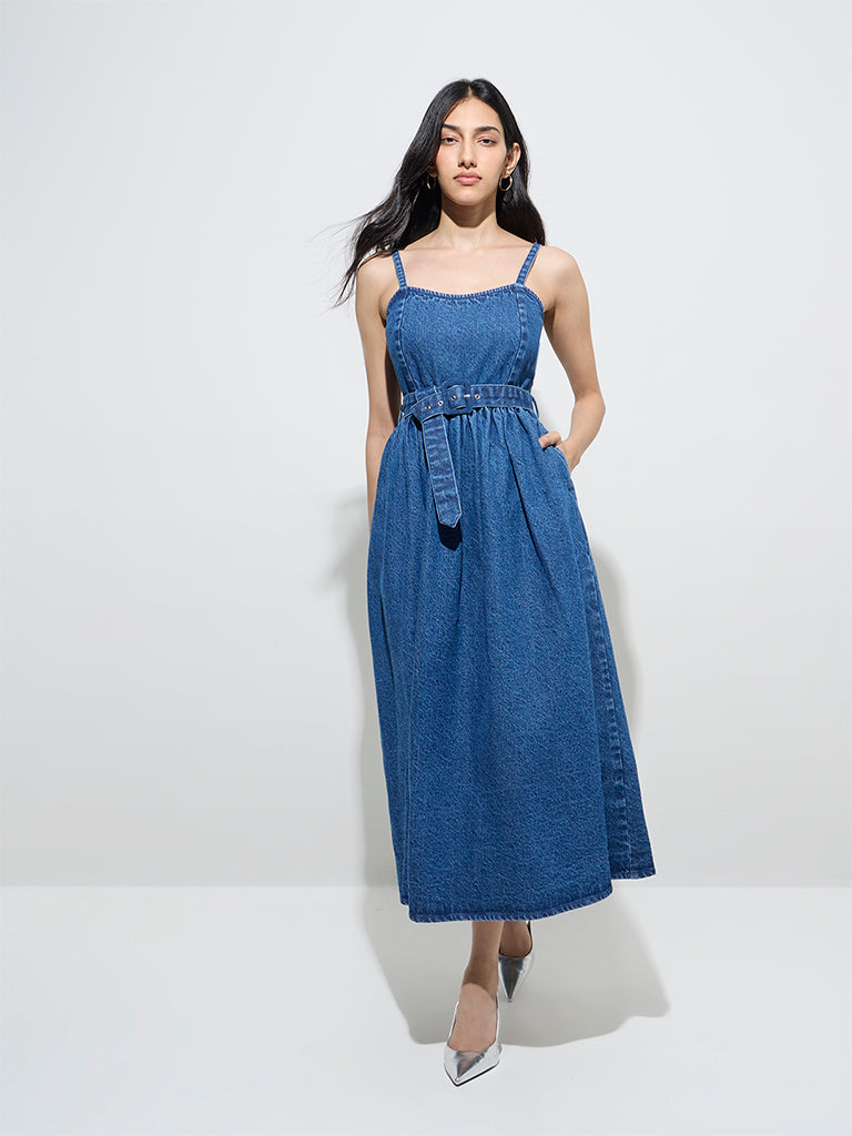 LOV Blue Denim A-Line Dress with Belt