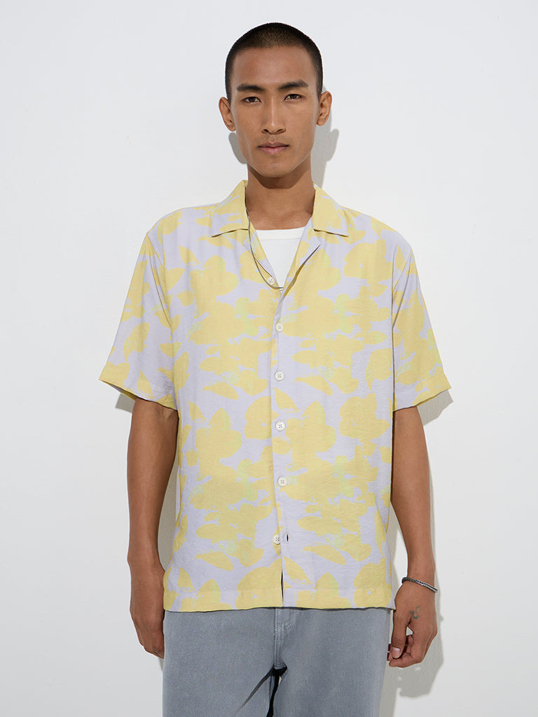 Nuon Yellow Floral Printed Relaxed-Fit Cotton-Blend Shirt