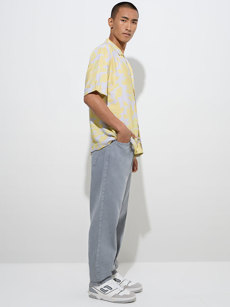 Nuon Yellow Floral Printed Relaxed-Fit Cotton-Blend Shirt