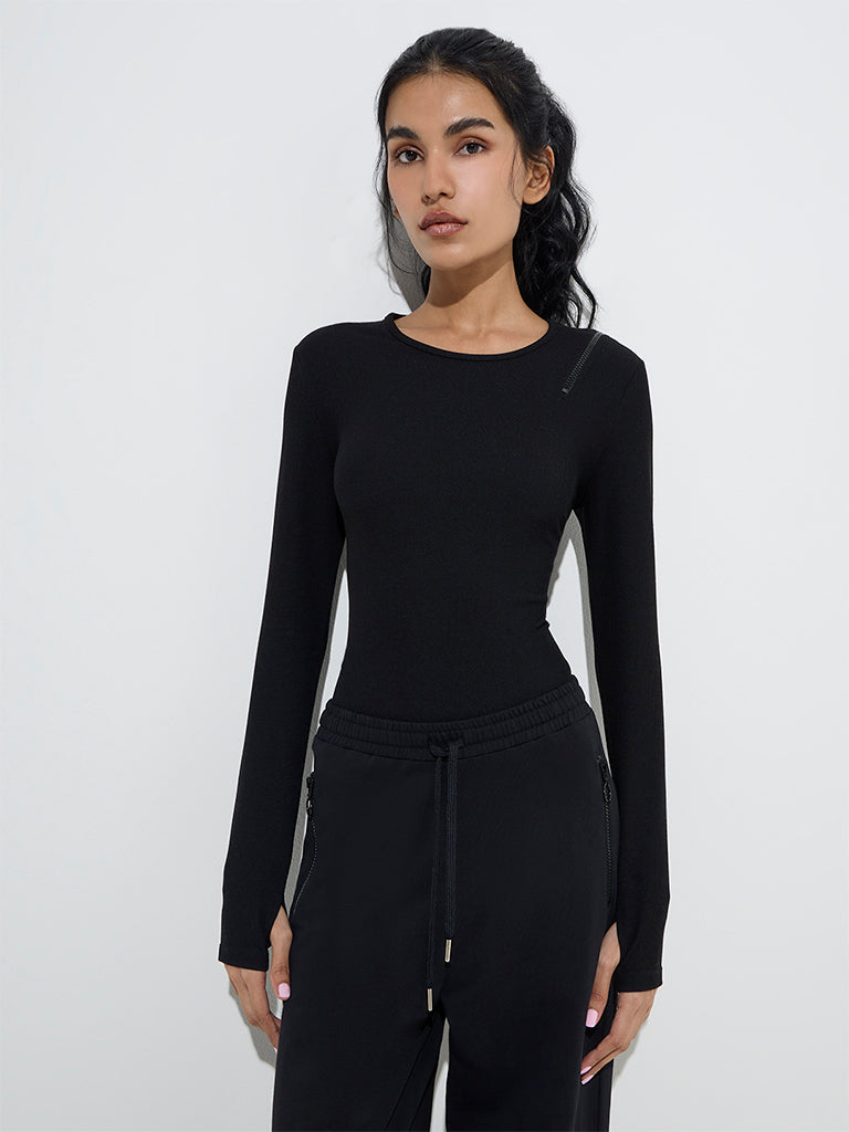 Studiofit Black Ribbed Textured Bodysuit