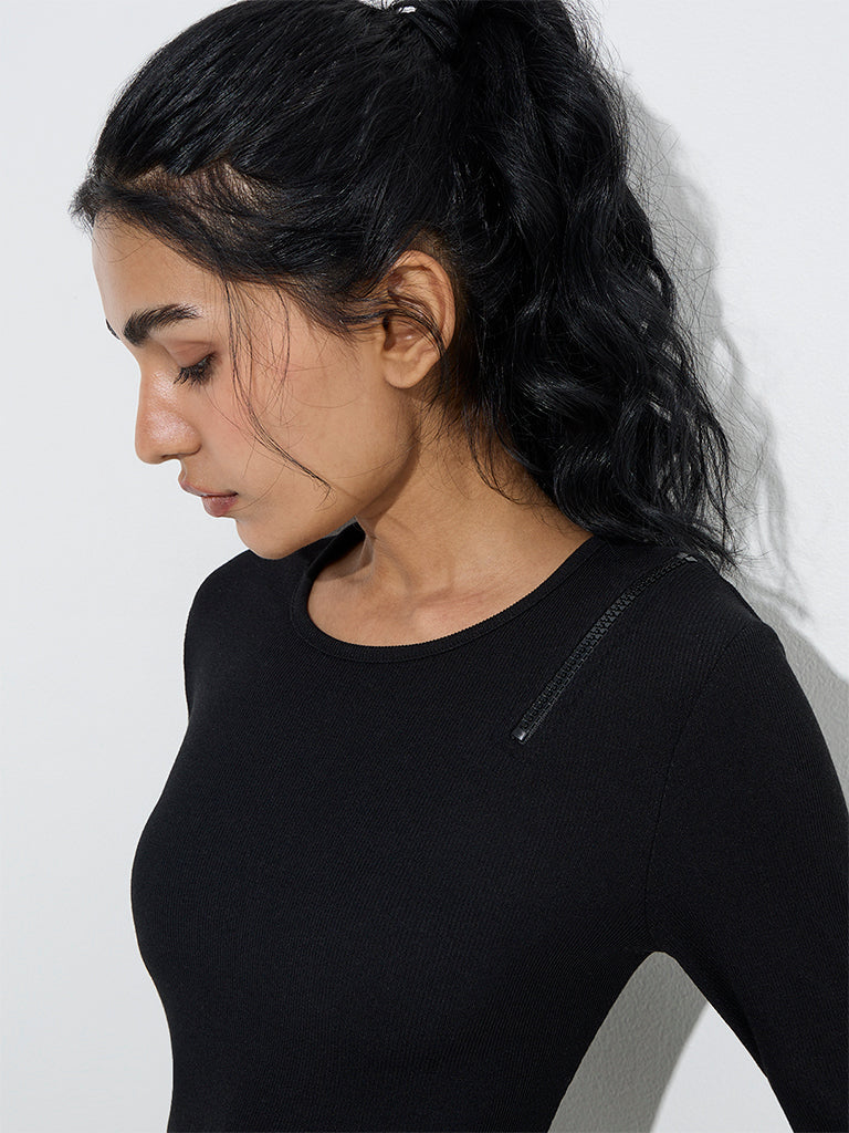 Studiofit Black Ribbed Textured Bodysuit