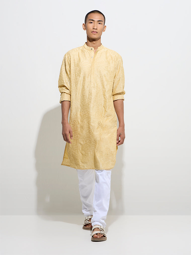 Mens Ethnicwear Light Yellow Relaxed-Fit Cotton Kurta