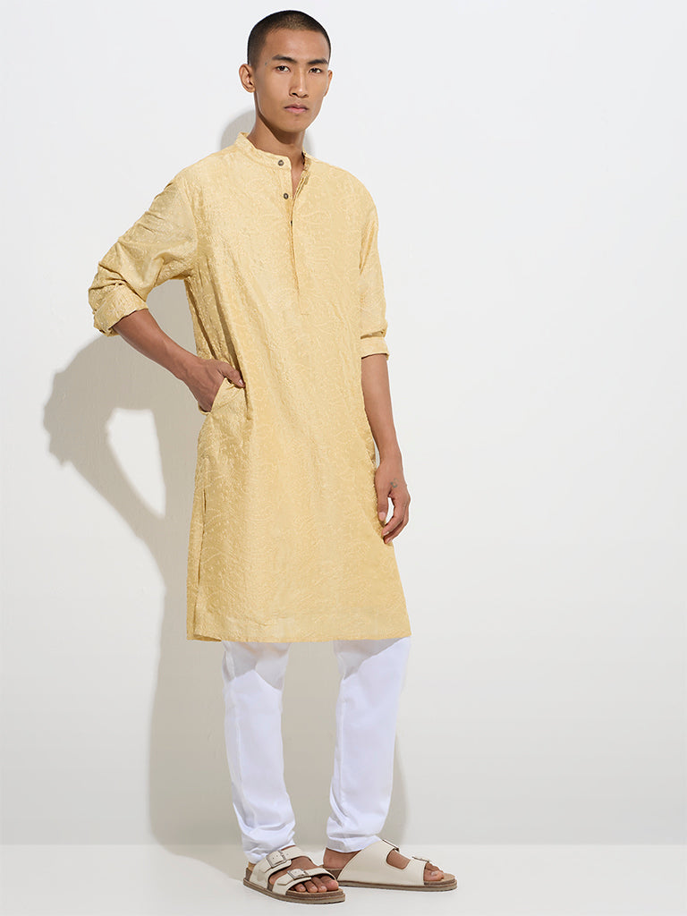 Mens Ethnicwear Light Yellow Relaxed-Fit Cotton Kurta