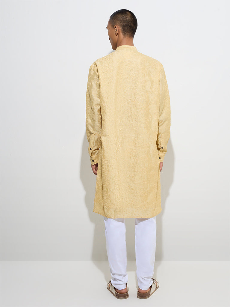 Mens Ethnicwear Light Yellow Relaxed-Fit Cotton Kurta