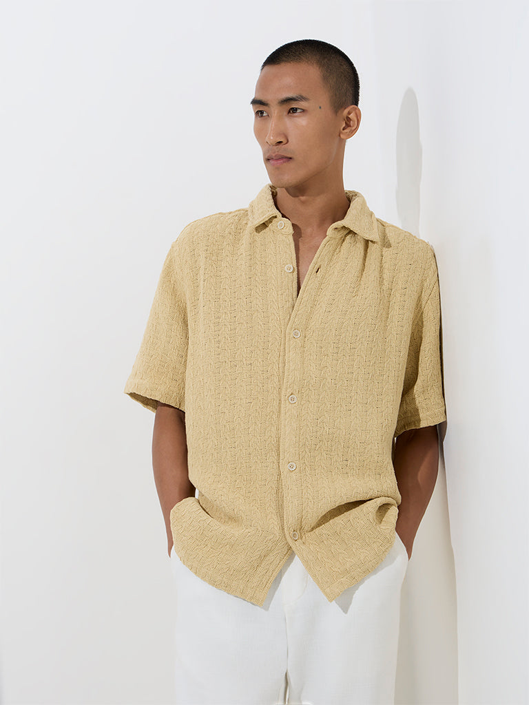 Westside ETA Men's Yellow Knit-Textured Relaxed-Fit Cotton Shirt for Casual Wear Front View