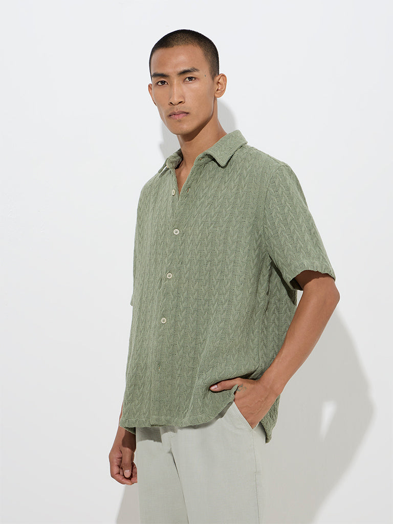 Westside ETA Men's Sage Knit-Textured Relaxed-Fit Cotton Shirt for Casual Wear Front View