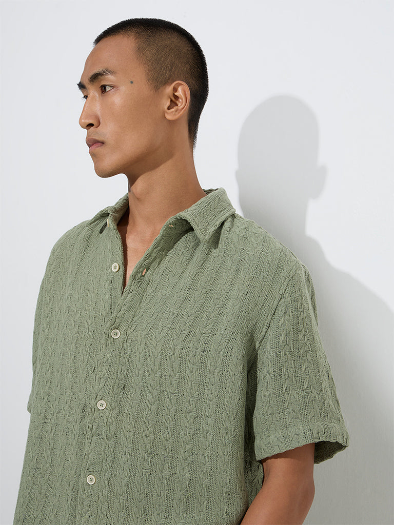 Westside ETA Men's Sage Knit-Textured Relaxed-Fit Cotton Shirt for Casual Wear Zoomed View
