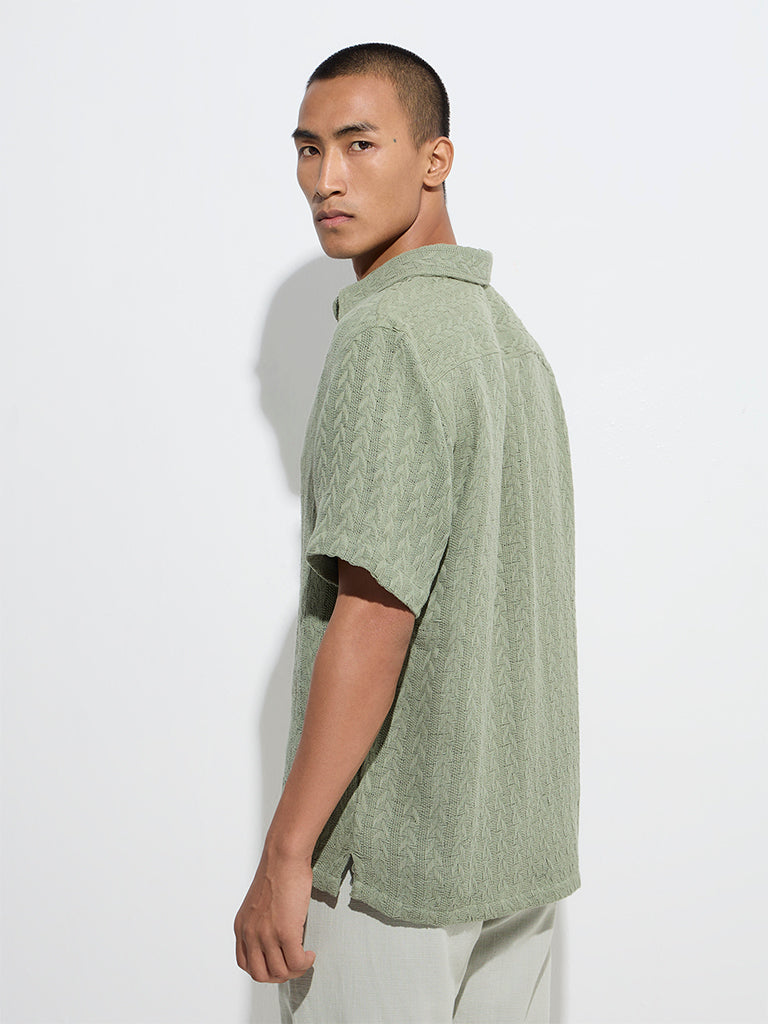 Westside ETA Men's Sage Knit-Textured Relaxed-Fit Cotton Shirt for Casual Wear Back View