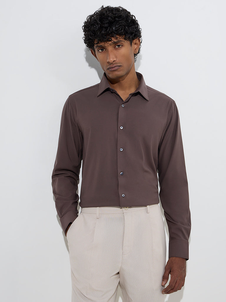 WES Formals Dark Brown Slim-Fit Cotton Shirt