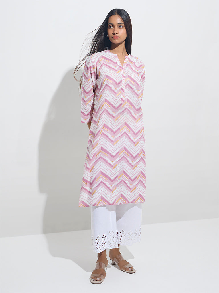 Utsa Pink Chevron Print Straight Cotton Kurta