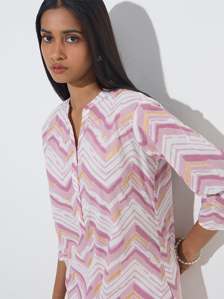 Utsa Pink Chevron Print Straight Cotton Kurta