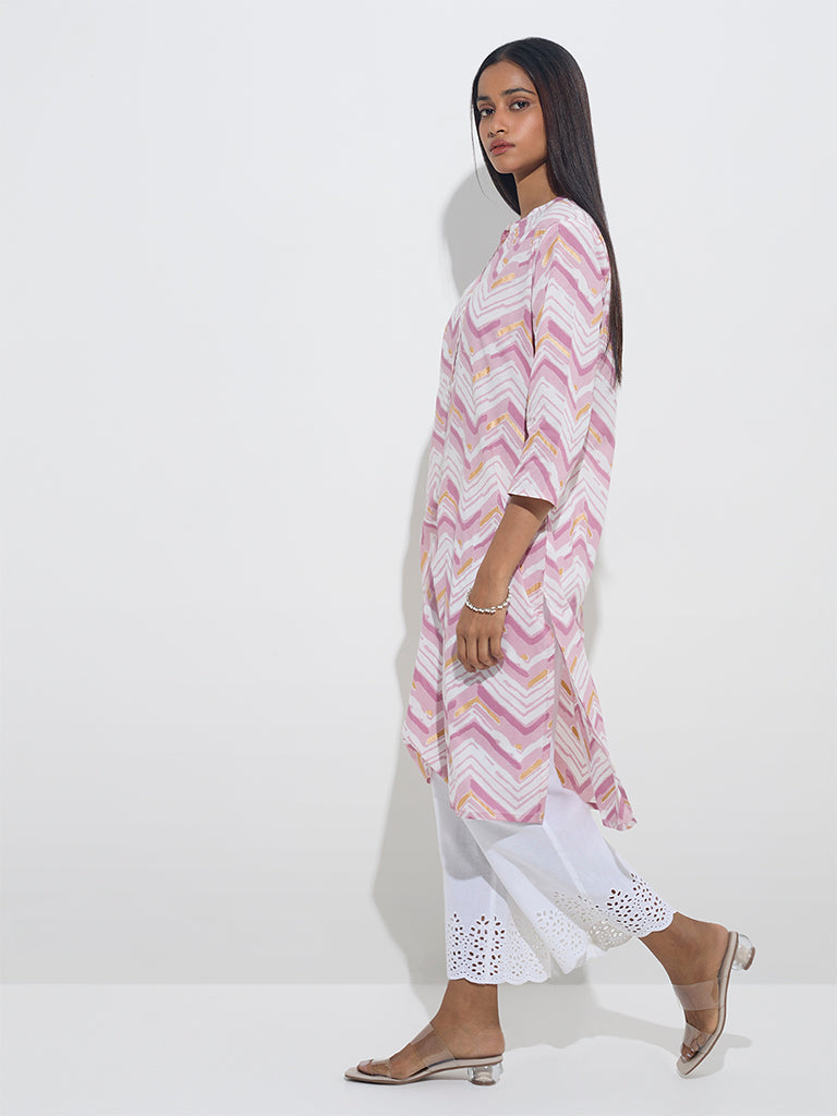 Utsa Pink Chevron Print Straight Cotton Kurta