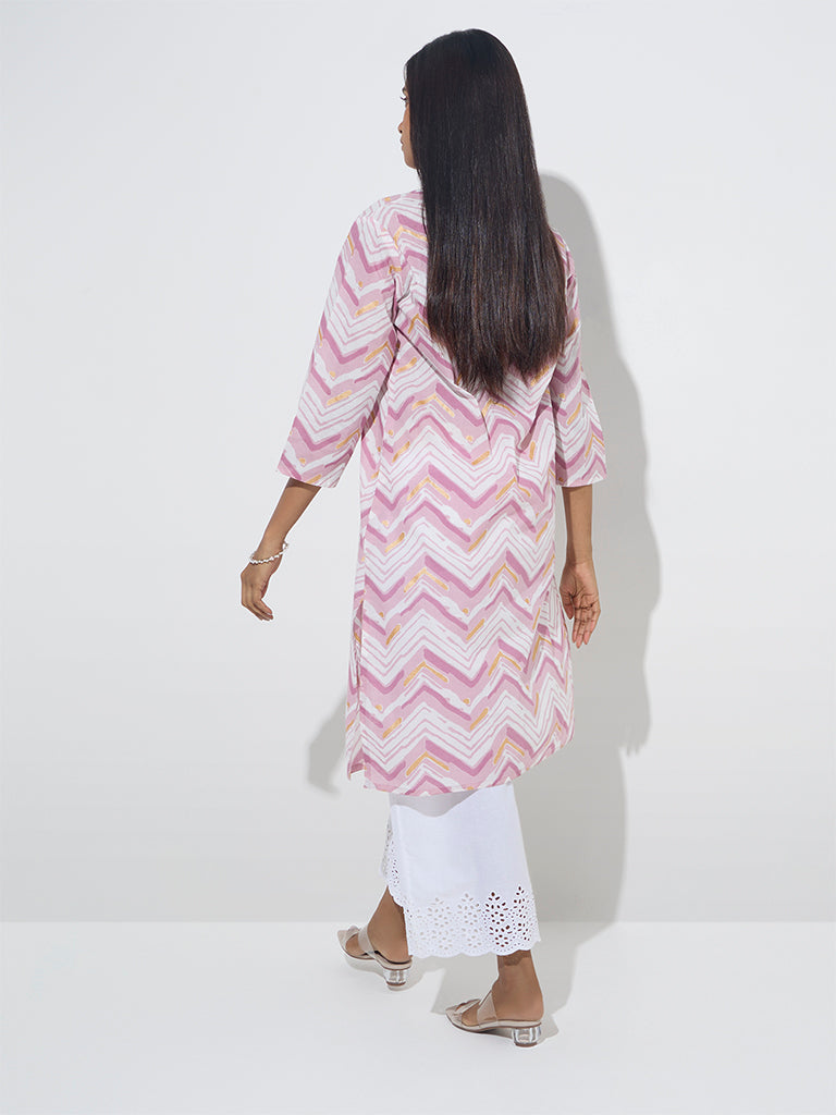 Utsa Pink Chevron Print Straight Cotton Kurta