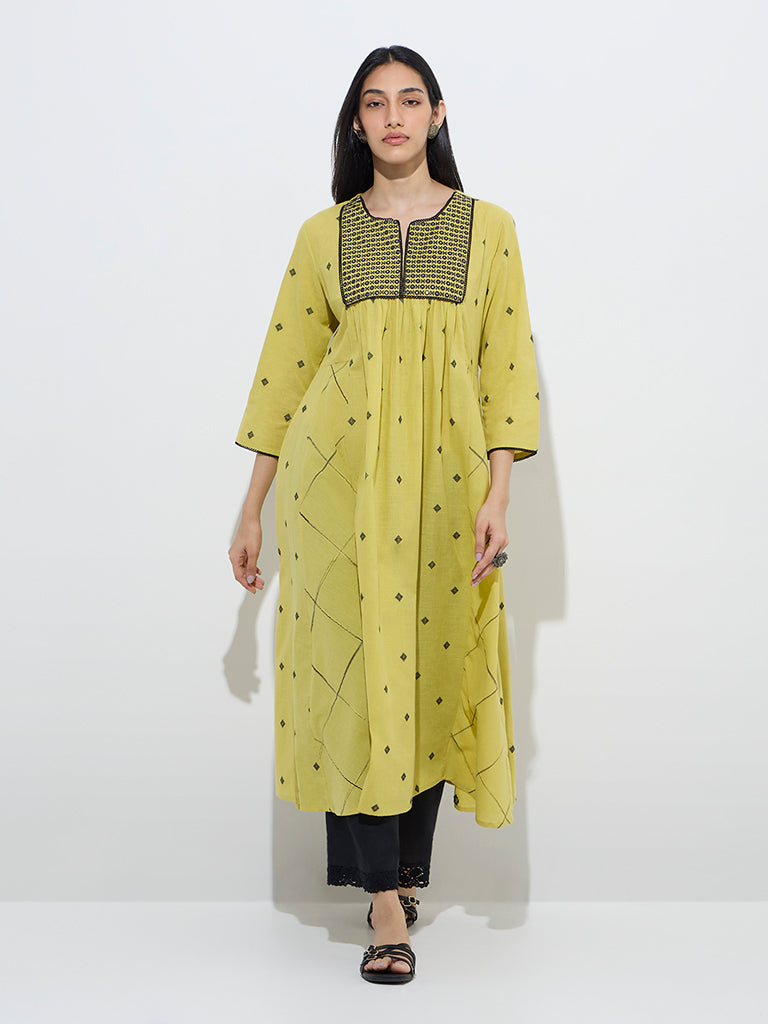 Utsa Lime Mirror-Work Embroidered A-Line Cotton Kurta