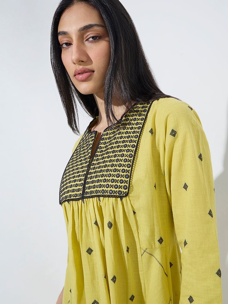 Utsa Lime Mirror-Work Embroidered A-Line Cotton Kurta