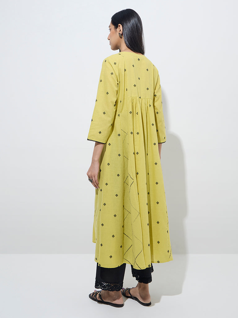 Utsa Lime Mirror-Work Embroidered A-Line Cotton Kurta