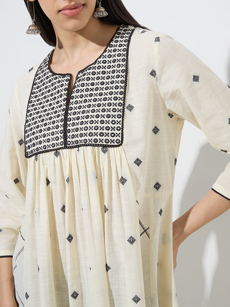 Utsa Off-White Embroidered Fit-and-Flare Cotton Kurta