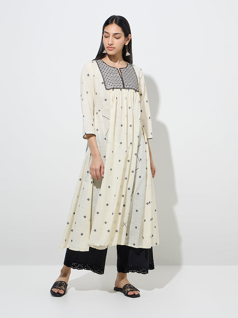 Utsa Off-White Embroidered Fit-and-Flare Cotton Kurta