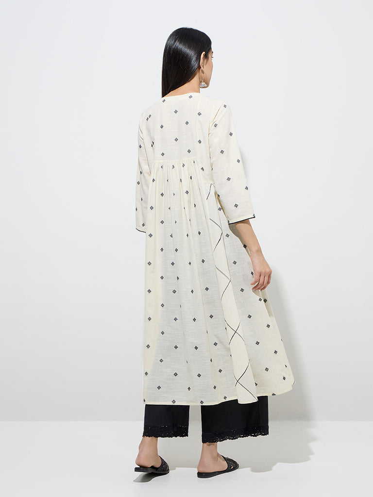 Utsa Off-White Embroidered Fit-and-Flare Cotton Kurta