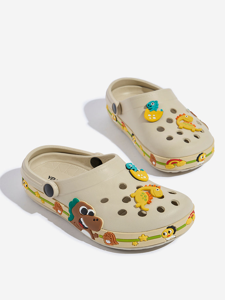 Yellow Beige Applique-Detailed Perforated Clogs