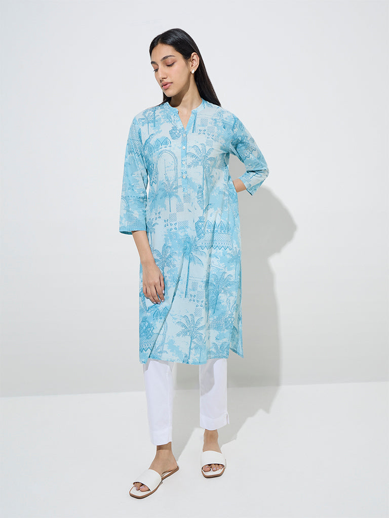 Utsa Light Blue Printed Straight Cotton Kurta