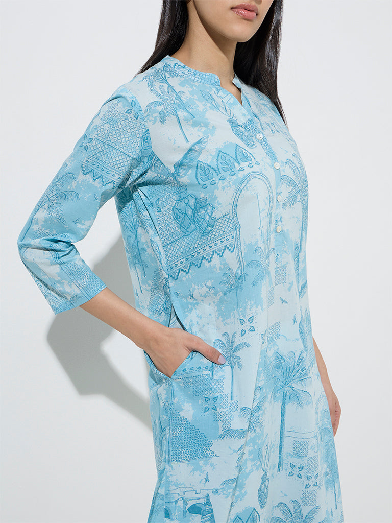 Utsa Light Blue Printed Straight Cotton Kurta