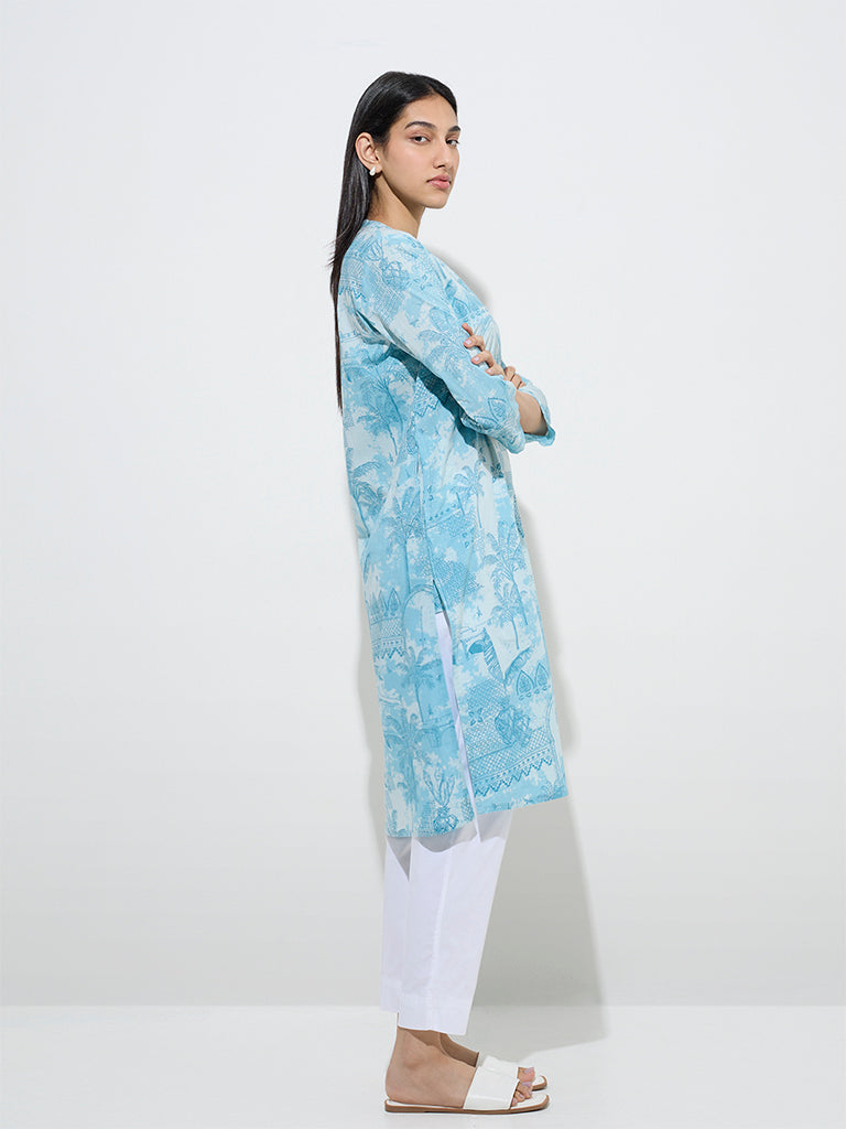 Utsa Light Blue Printed Straight Cotton Kurta