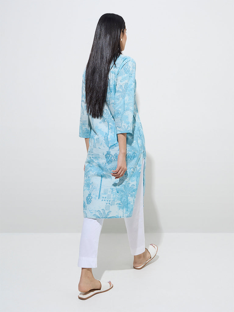 Utsa Light Blue Printed Straight Cotton Kurta