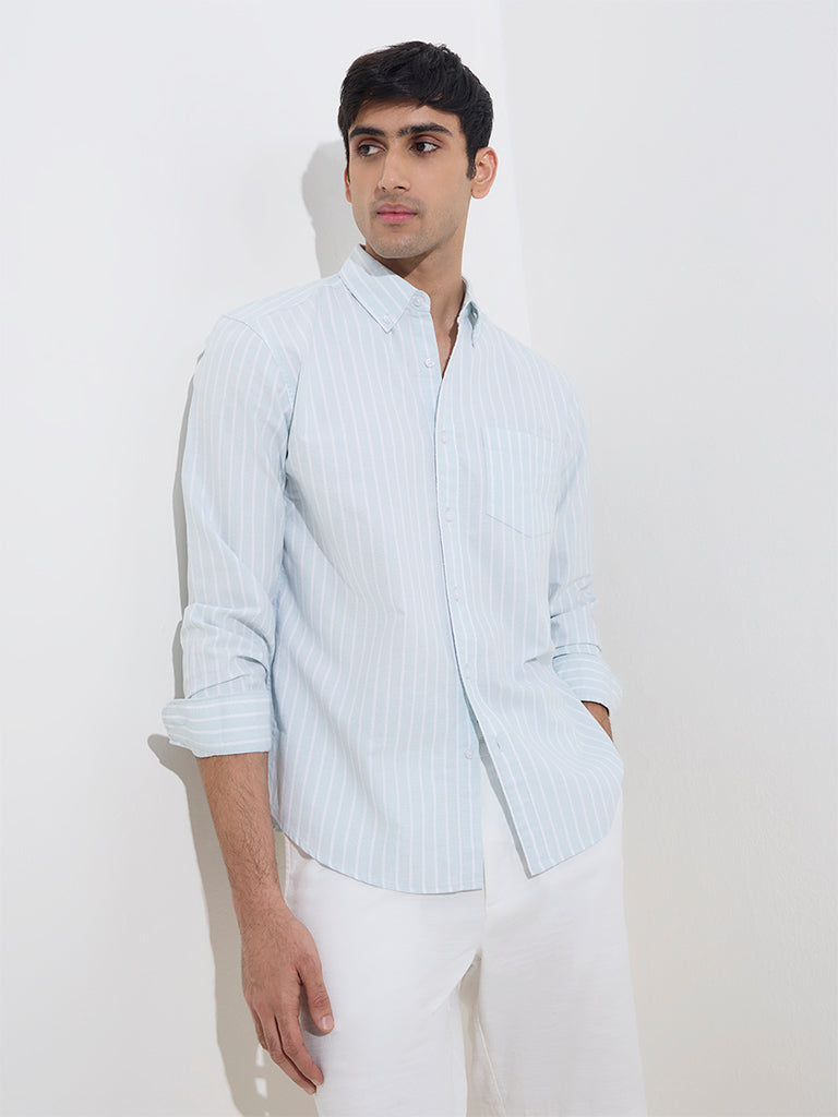 WES Casuals Light Blue Stripe Patterned Relaxed-Fit Cotton Shirt