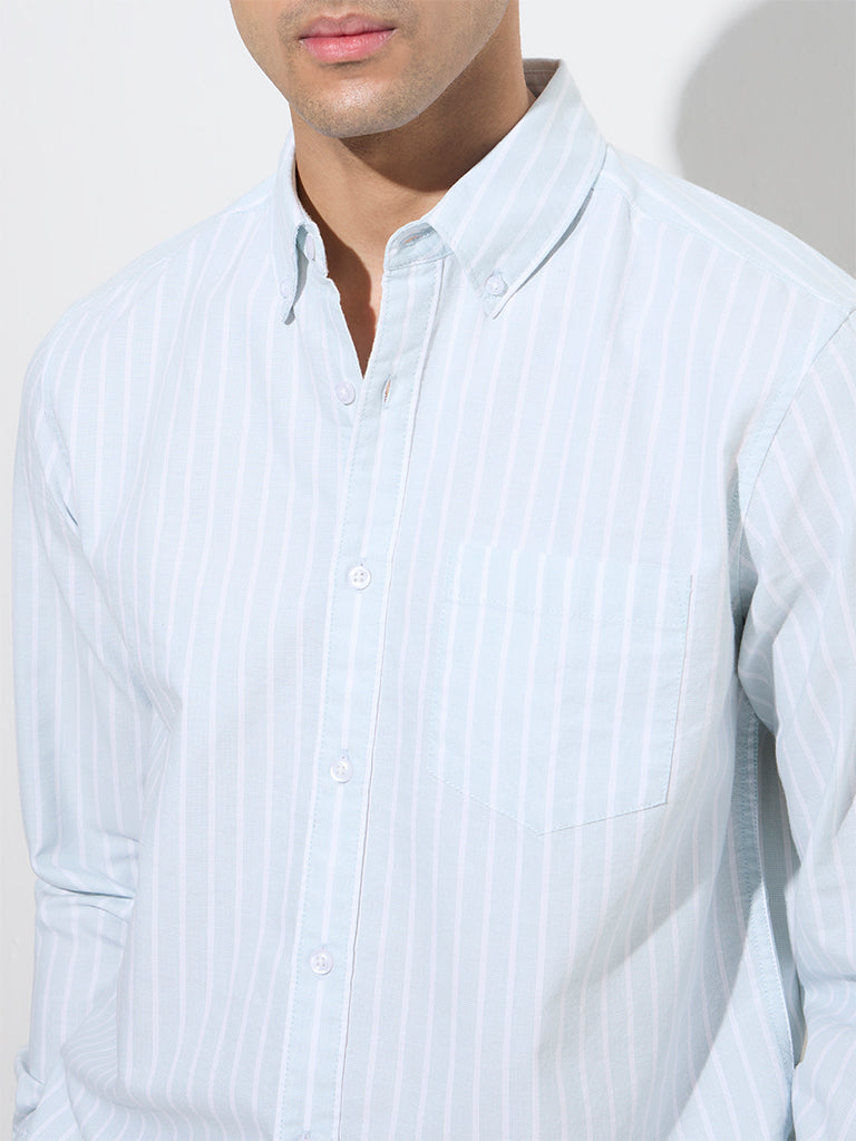 WES Casuals Light Blue Stripe Patterned Relaxed-Fit Cotton Shirt