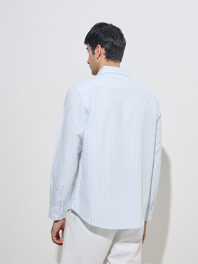 WES Casuals Light Blue Stripe Patterned Relaxed-Fit Cotton Shirt