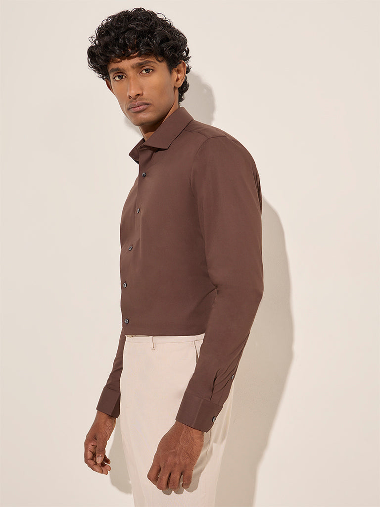 WES Formals Brown Ultra Slim-Fit Cotton Shirt