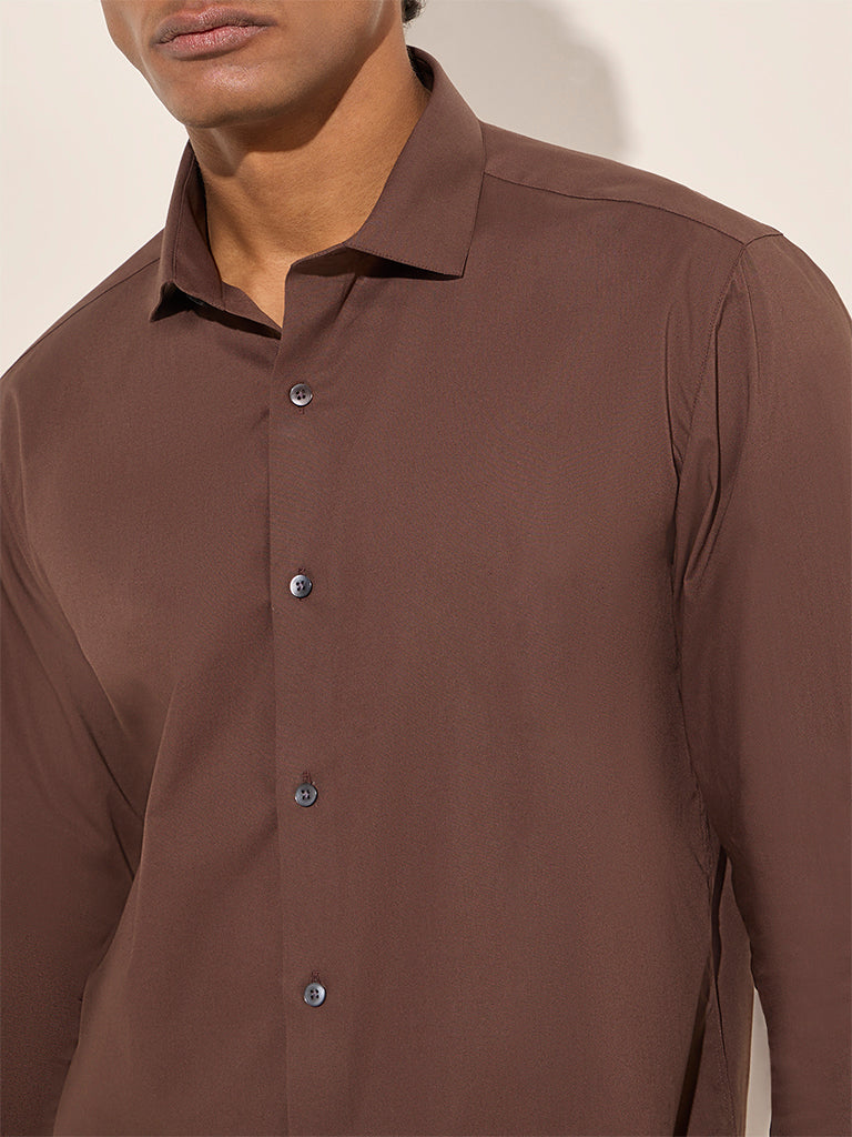 WES Formals Brown Ultra Slim-Fit Cotton Shirt