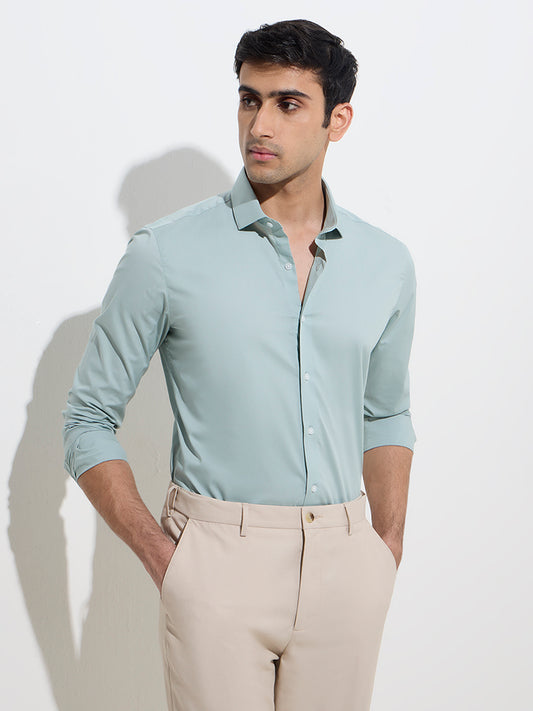 WES Formals Light Teal Ultra Slim-Fit Cotton-Blend Shirt