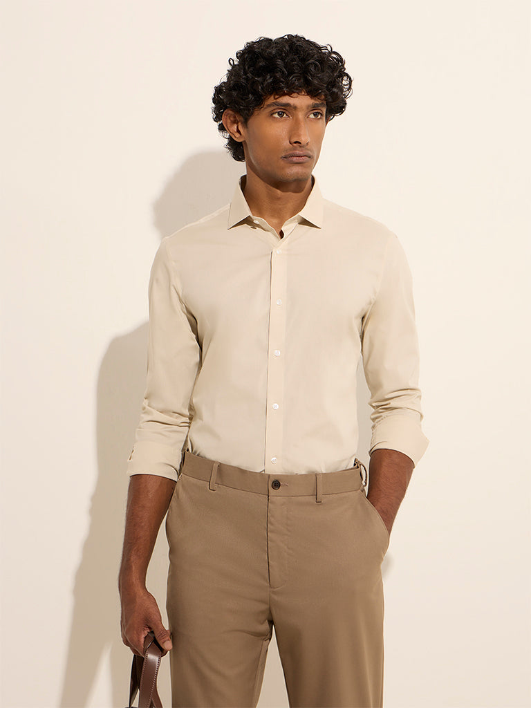 WES Formals Beige Ultra-Slim Fit Cotton-Blend Shirt