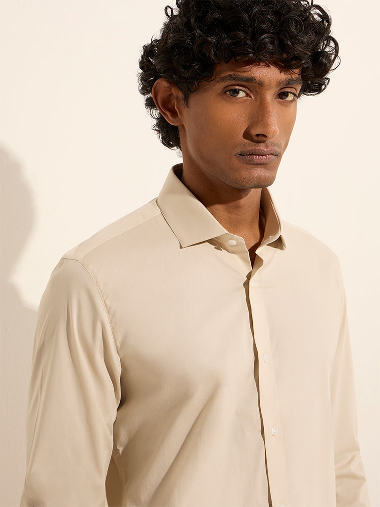 WES Formals Beige Ultra-Slim Fit Cotton-Blend Shirt