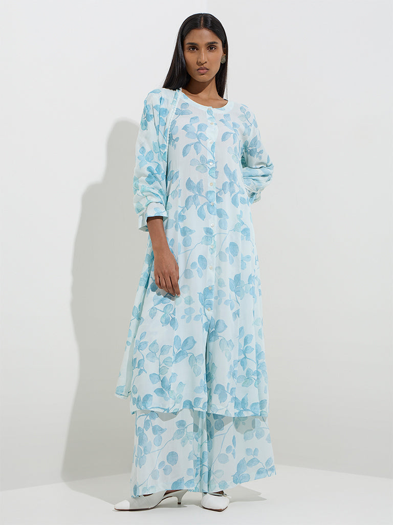 Westside Zuba Women's Blue Botanical Printed Palazzos for Work Wear Full Model View
