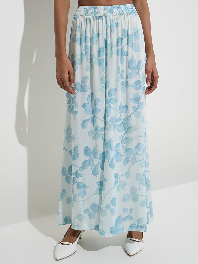 Westside Zuba Women's Blue Botanical Printed Palazzos for Work Wear Front View