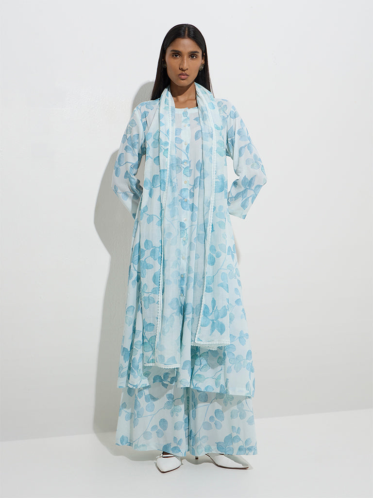 Westside Zuba Women's Blue Botanical Design Stole for Work Wear Full Model View
