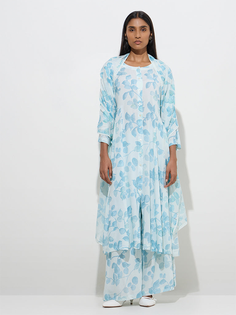 Westside Zuba Women's Blue Botanical Design A-Line Kurta for Work Wear Full Model View