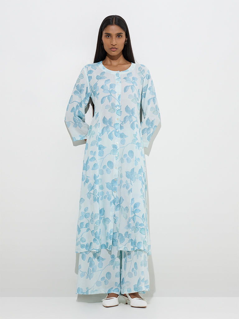 Westside Zuba Women's Blue Botanical Design A-Line Kurta for Work Wear Front View
