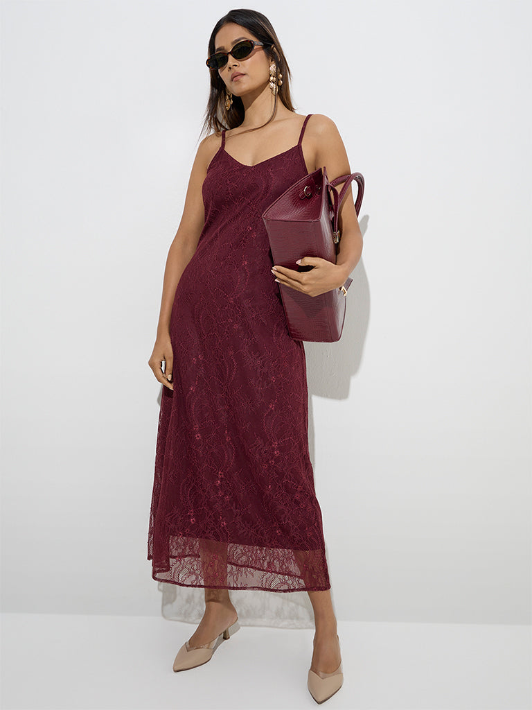 Wardrobe Burgundy Floral Lace Detailed Straight Dress