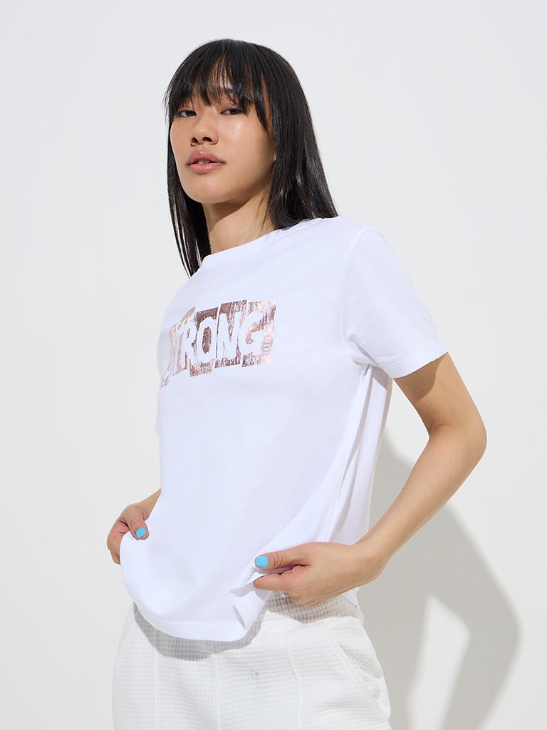 Studiofit White Text Design Cotton T-Shirt 