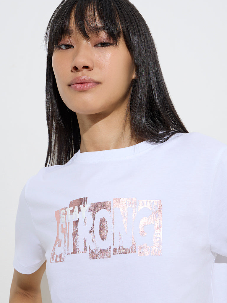 Studiofit White Text Design Cotton T-Shirt 