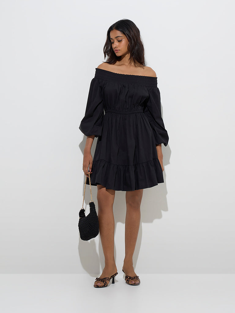 LOV Black Off-Shoulder A-Line Dress