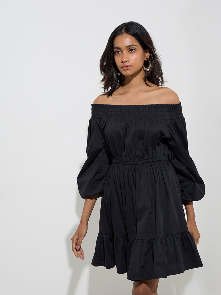 LOV Black Off-Shoulder A-Line Dress