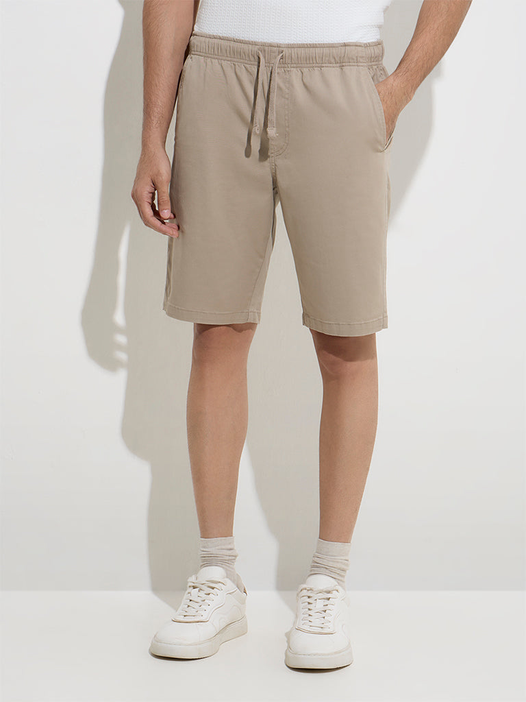 Westside WES Casuals Men's Beige Relaxed-Fit Mid-Rise Cotton-Blend Shorts for Casual Wear Front View