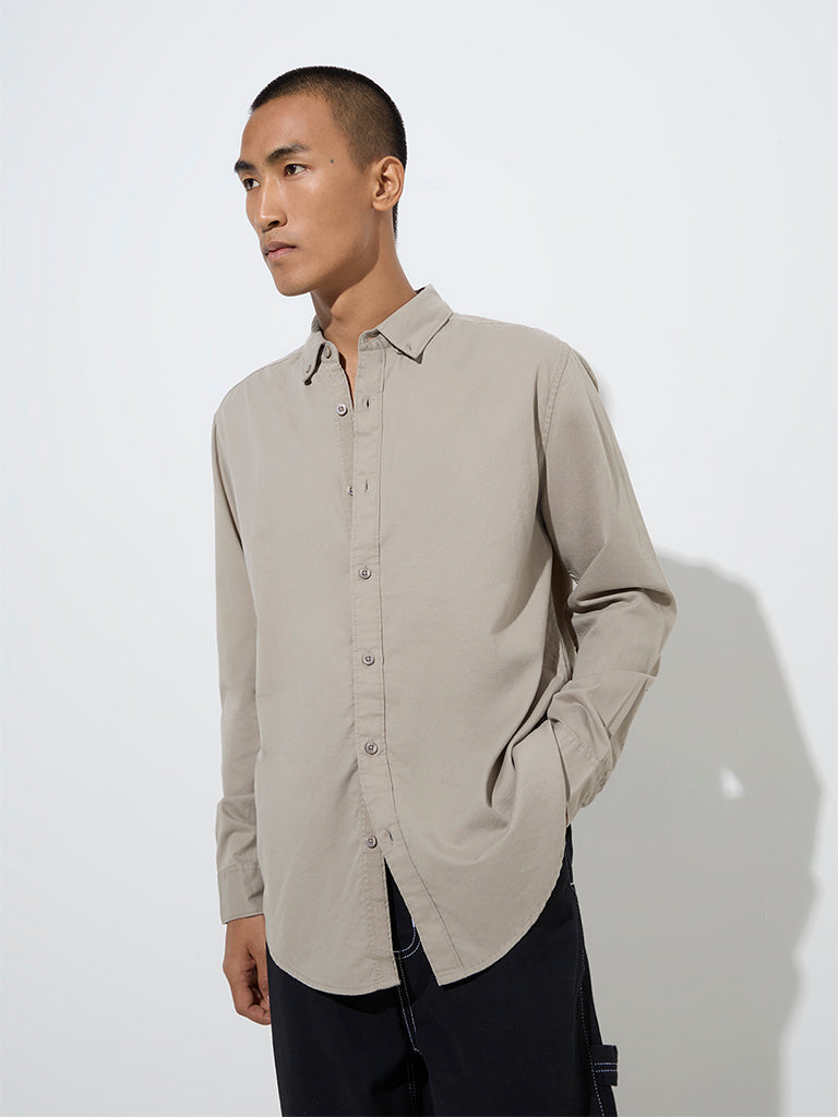 Nuon Taupe Solid Slim-Fit Cotton-Blend Shirt