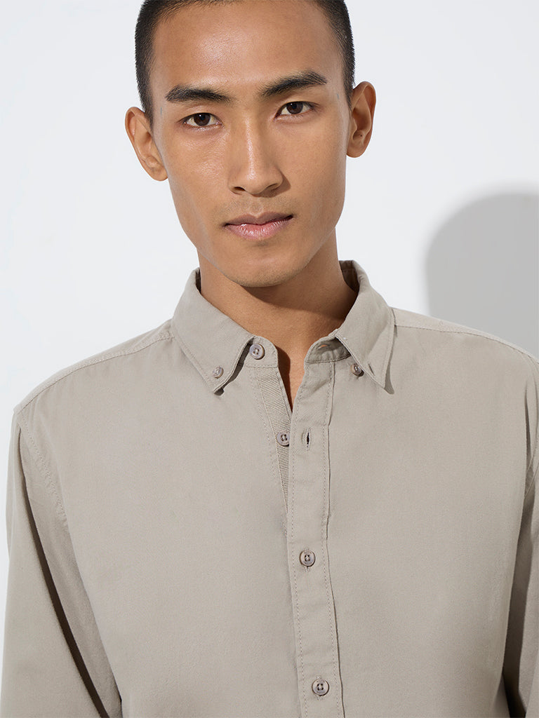 Nuon Taupe Solid Slim-Fit Cotton-Blend Shirt